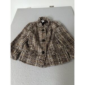 Kim Rogers Jacket Womens 14 Brown Black Tweed‎ Boucle Button Front Ruffle Collar